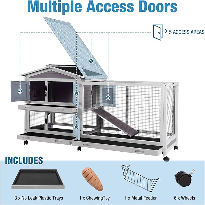 Rabbit Hutch Indoor, 62’’ Bunny Hutch Outdoor, Mobile Rabbit House with Wheels, Wooden Bunny Cage with Leakproof Tray, Chew-Proof Ramp for Guinea Pig(Grey)