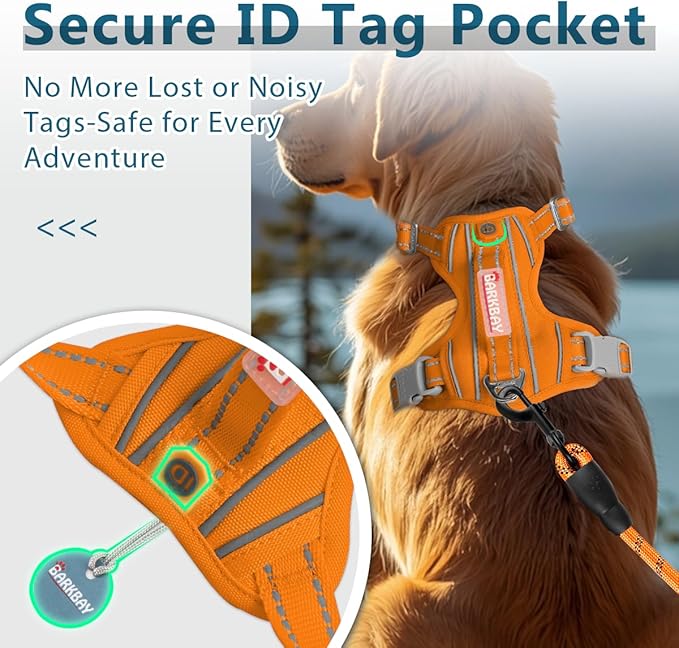 BARKBAY Dog Harness No Pull Oxford with ID Tag Pocket - Heavy Duty, Reflective, Easy Control for Large Dogs(Pumpkin Oxford,L)