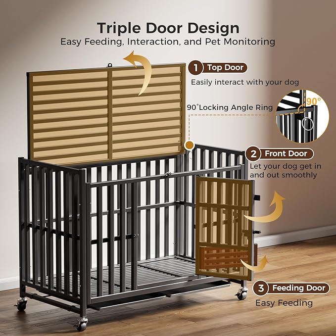 Heavy Duty Dog Crate, Escape-Proof Indestructible Cage for High-Anxiety Dogs, 3-Door Kennel with 4 Lockable Wheels and 2 Removable Trays Ideal for Large & Medium Breeds (43 Inch)