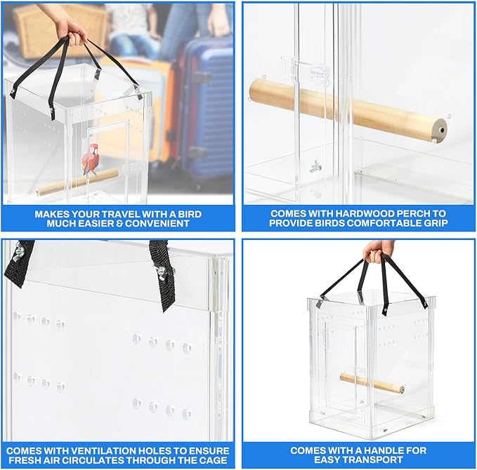 PENNZONI Medium Bird Carrier Display Case, Crystal Clear Acrylic Bird Travel Cage