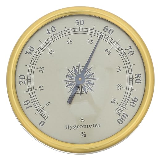 Mechanical Hygrometer: Decorative Gold Humidity Indicator - 2% RH Resolution Analog Wall or Surface Mount Gauge for Greenhouse Guitar Case or Office Desk
