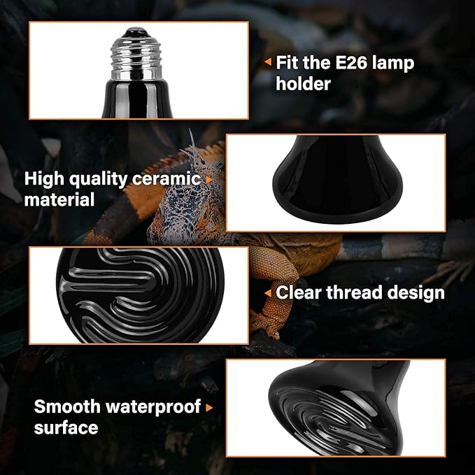 Simple Deluxe 25W/40W/50W/150W/250W Ceramic Heat Emitter Reptile Heat Lamp Bulb No Light Emitting Brooder Coop Heater for Amphibian Pet & Incubating Chicken, 25W(Mini), Black/2-Pack