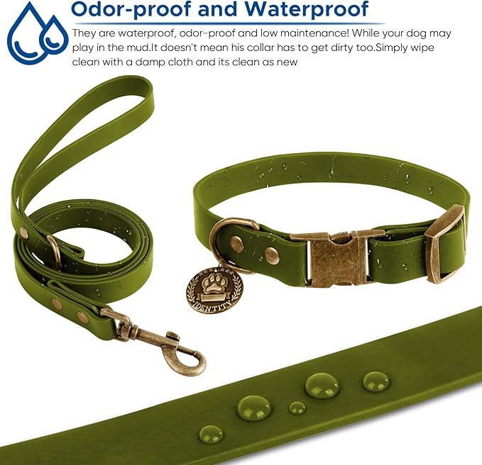 Wisedog Waterproof Dog Collar and Leash Set, Adjustable Puppy Collar with Cute Tag 4FT Dog Leash with Poop Bag for Small Medium Large Dogs (XS, Green)