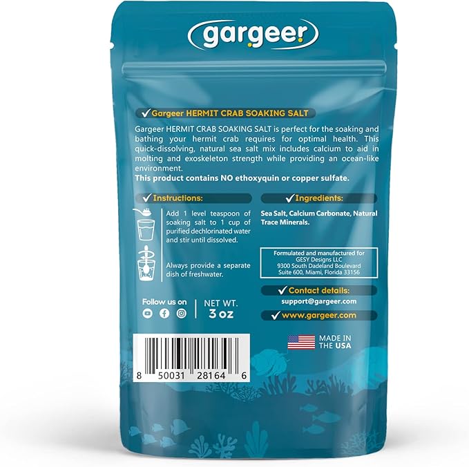 Gargeer Hermit Crab Soaking Salt, Ocean-Like Environment, Includes Calcium and Trace Minerals, No additives or Harmful Ingredients. for Optimal Health and Well-Being. Made in The USA. Enjoy !
