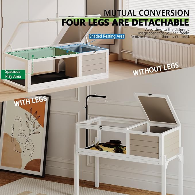 PRETZI Tortoise Habitat with Adjustable Lamp Holder, Turtle Enclosure Indoor/Outdoor, Wooden House for Small Animals, Large Reptile Terrarium Table with Detachable Legs (New White)