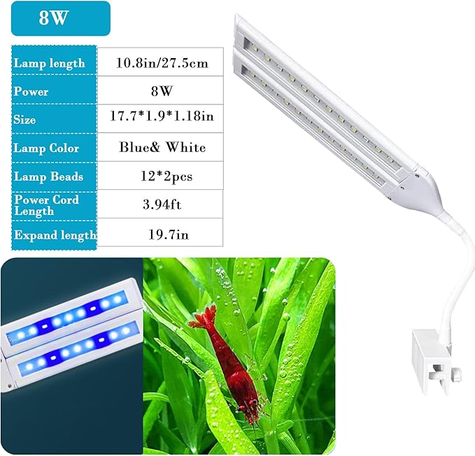 8W LED Aquarium Light Full Spectrum Clip Fish Tank Light Plants Light 360° Adjustable 2 Light Bar+4 in 1 Double Waterfall U-V Fish Tank Filter for Green Water & Algae Clean