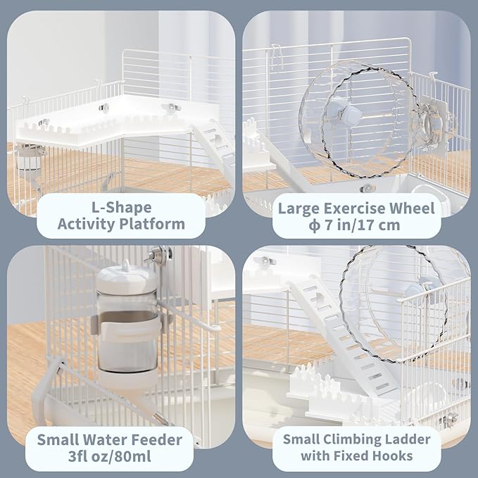 Small Hamster Cage Starter Kit 19”Lx12”Wx12”H for Dwarf Hamster & Robo Hamster with Multilevel Platforms, 2 Tube Ports, Exercise Wheel, Ladders, Water Bottle, Food Bowl, White