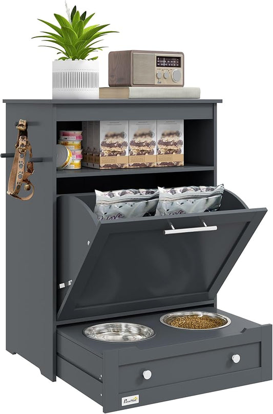 PawHut Dog Feeding Station with Raised Bowls & Storage Cabinet, Pet Feeder Cabinet Container with Hanger for Feeding & Watering Supplies, Dog Food Organizer, Gray