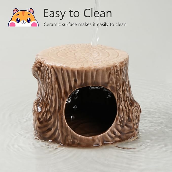 Ceramic Hamster Hideout,Stump Shape Dwarf Hamster House, Natural Guinea Pig Habitat Decor, Hideaway House for Gerbil, Cool Bed for All Season(Brown)