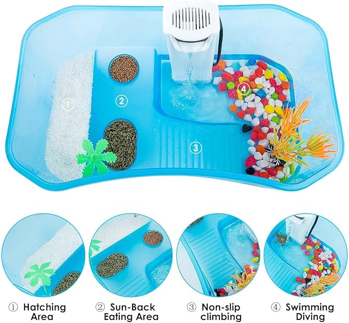 Turtle Tank with Multi-Function Areas, Easy Assembly, Ideal for Small Turtles & Reptiles, Includes Plastic Tree & Fishing Net