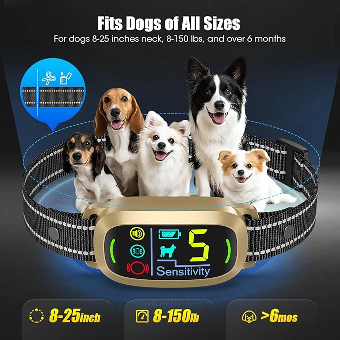 Rechargeable Dog Bark Collar with 5 Working Modes & LCD Display – Waterproof & 5 Adjustable Sensitivity Bark Collar for Large Medium Small Dogs(Gold)