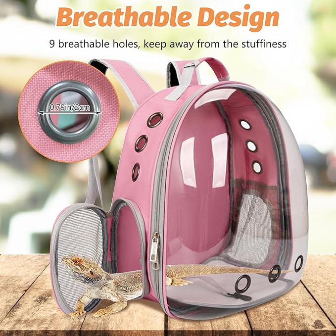 kathson Bearded Dragon Carrier with Harness and Leash Set, Large Reptile Travel Carrier Portable Lizard Backpack Clear Small Animals Carrying Bag for Gecko Hamster Rabbit Hedgehog Kitten (Pink)
