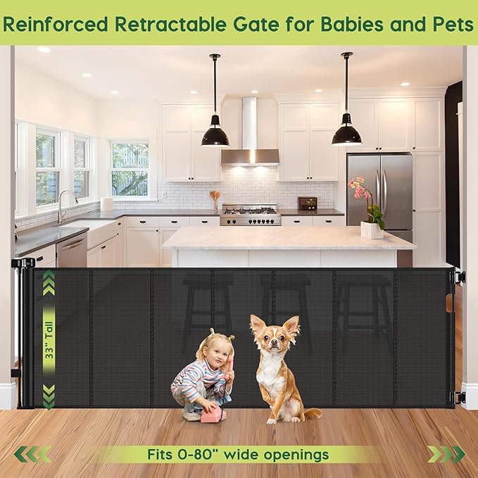 Reinforced 80 Inch Retractable Baby Gate Extra Wide Baby Gate for Wide Openings, Indoor/Outdoor Retractable Dog Gate for Doorway, Mesh Dog Gate Indoor Prevent Babies/Pets from Crawling Under, Black