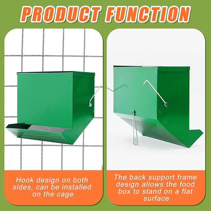 Maxcheck 2 Pcs Rabbit Feeder for Cages Small Animal Food Pellet Dispenser with Lid Metal Chicken Grit Oyster Shell Squirrel Feeders Outside(11.8 Inches,Mesh Bottom,Green)
