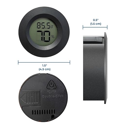 SunGrow Reptile Thermometer with Hygrometer with Digital Display, Accurate Temperature, Humidity Gauge for Snake and Lizard Tanks, Round Clear LCD, Black, 1.8”x1.8”x0.6”