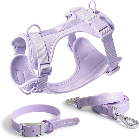 Dog Harness, Collar & Leash Set, Adjustable No Pull Harness with 3 Leash Clips, Waterproof Matching Collar & Leash, Breathable Comfort (Lilac, Medium)