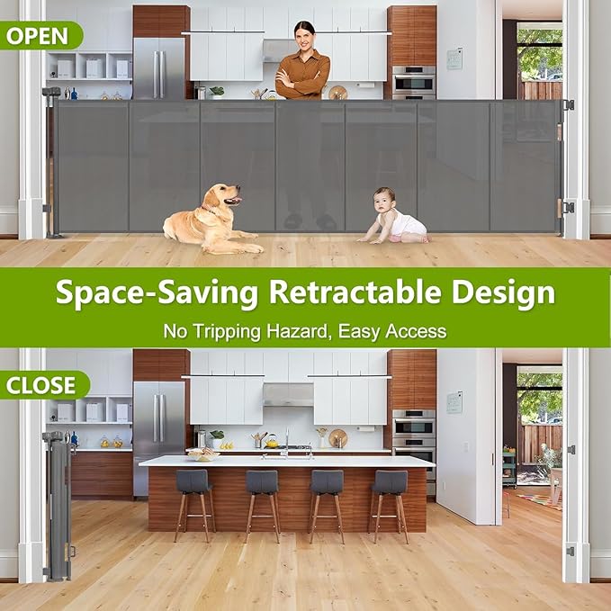 Reinforced 42" Tall Retractable Dog Gate Mesh Baby Fence Gate, 16 Ft Long Baby Gates Indoor Extra Long Gates for Kids or Pets, Outdoor Retractable Gate with Support Rods - Prevent Crawling Under, Gray
