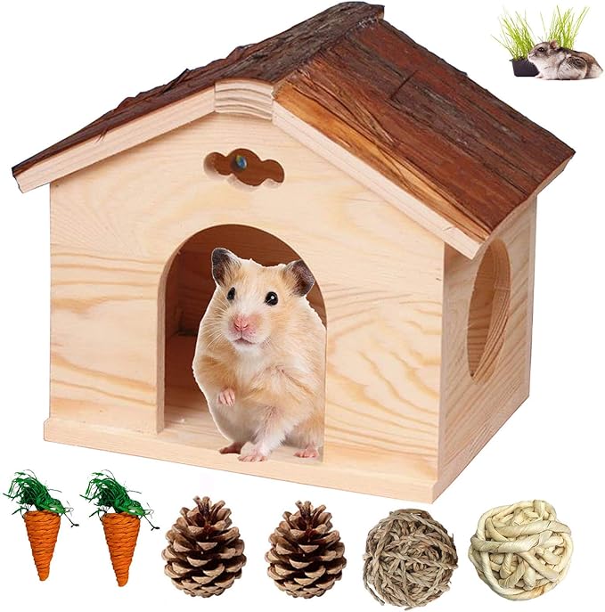 Hamiledyi Guinea Pig Wooden House, Chinchilla Space Natural House with Window Pets Large Hideout Play Hut for Gerbil Ferret Squirrel Rats Mice Hedgehog