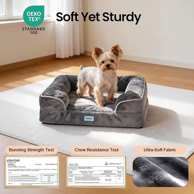 OhGeni Orthopedic Dog Bed Couch Cat Sofa for Small Sized Pets with Memory Foam, Machine-Washable Waterproof Removable Cover, Soft Comfortable Fabric, 22-inch (Gray)