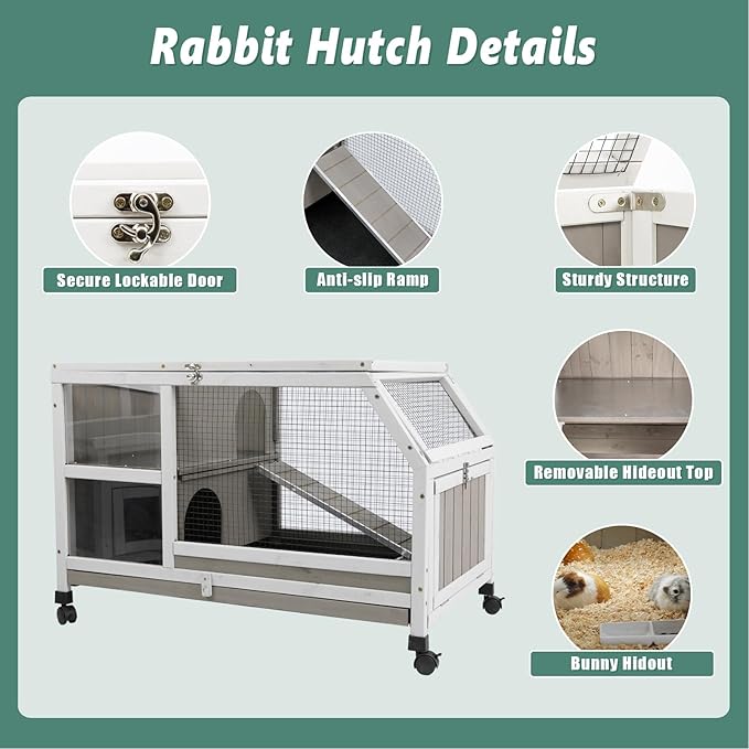 Gowoodhut Indoor Rabbit Hutch - 36''L Outdoor Wooden Bunny Hutch with Wheels Rabbit Cage Guinea Pig Cages Removable Pull Out Tray, Ramp, Hideout, Small Animals Pet House Hamster Ferret for Bunny Cage