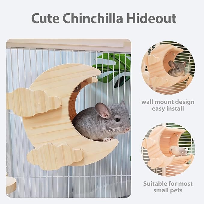 Chinchilla Hideout Wooden Hides for Guinea Pigs, Small Animal Nature Wood House Chinchilla Cage Accessories for Hamster, Squirrel, Sugar Gliders etc (Moon Shape)