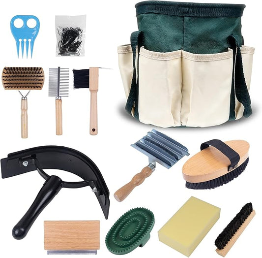 13-Piece Horse Grooming kit for Daily Care,Complete Horse Supplies Set with Wood Brushes, Tack Essentials, Curry Tools, and Practical Horse Accessories for Farm & Stable Use