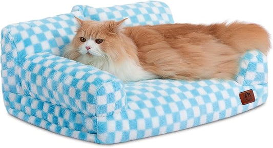 Hollypet Fluffy Dog Cat Bed Pet Couch Beds Plush Soft Warming Washable Puppy Bed for Small Medium Dogs and Large Cats, Blue and White, 24" L x 18" W x 10" Th