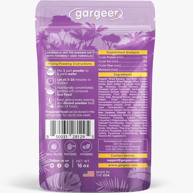 Gargeer 16oz Complete Crested Gecko Food Diet. Premium Mix, Ready to Use Freshly Made Powder. Unique Formula, Developed & Made in the USA. Enjoy! (Tropical + Insects Protein)