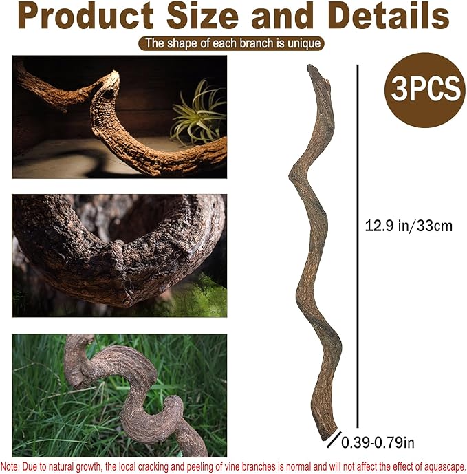 Reptile Decor 3PCS Natural Forest Branch Terrarium Habitat Decoration Lizard Climbing Tree Branch for Bearded Dragon Gecko Snake Frog Chameleon Spider