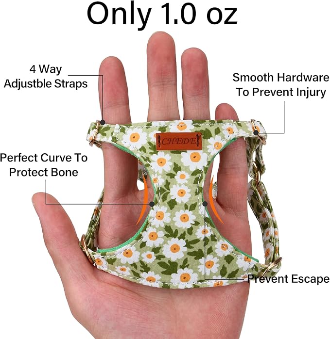 CHEDE No Pull Floral Pattern Dog Harness- Lightweight and Soft Harness, Adjustable Small Dog Harness and Leash Set, with Dog Leash, Suitable for Puppy Small and Medium-Sized Dog (XXS, Green Daisy)