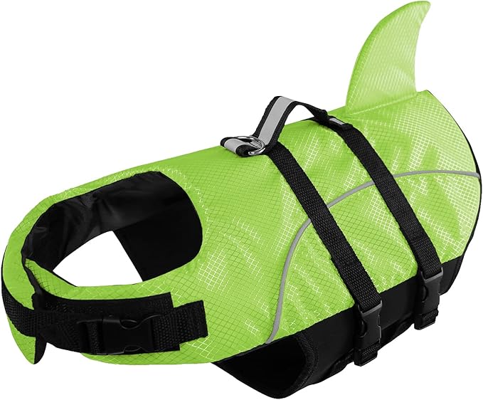 Queenmore Ripstop Dog Life Jacket Shark Life Vest for Dogs, Safety Lifesaver with High Buoyancy and Lift Handle for Small and Medium Breeds（Green XS）