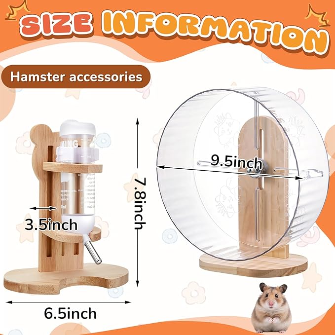 2 Pcs M, 9.5 Inch Transparent Hamster Wheel Adjustable Silent Exercise Wheel with Water Bottle Stand Stable Running for Dwarf Hamster Gerbil Mouse Small Animal Cage Accessories