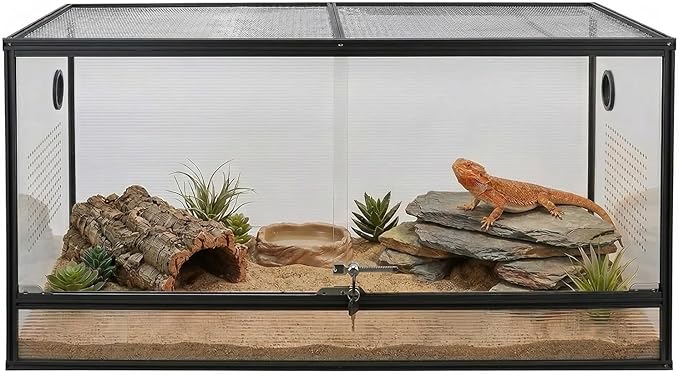 Bearded Dragon Tank 120 Gallon Reptile Terrarium 4x2x2 Ft, Aluminum Reptile Enclosure with 270° View, Mesh Top, Lockable Sliding Glass Doors