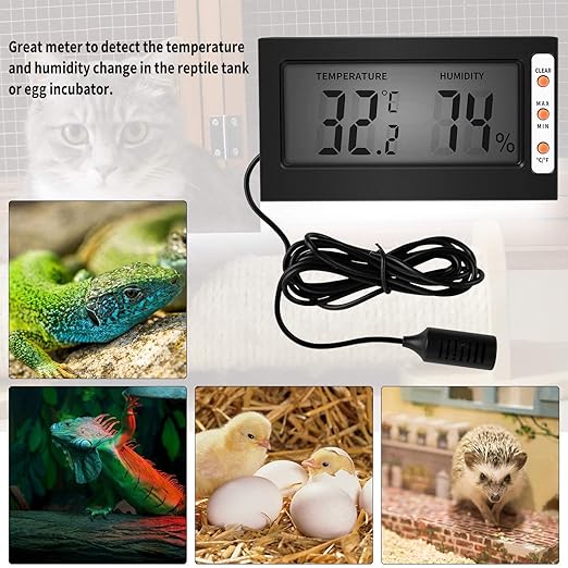 Simple Deluxe Digital Thermometer and Humidity Gauge with Remote Probes for Brooder Reptiles Terrarium, 2 Pack, Black