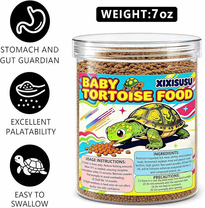 Baby Tortoise Food with Fish & Krill Meal, Spirulina & Astaxanthin | Enhanced with Calcium & Vitamins for Hatchlings & Young Sulcata, Leopard, Russian & Hermann's Tortoises (7 oz)