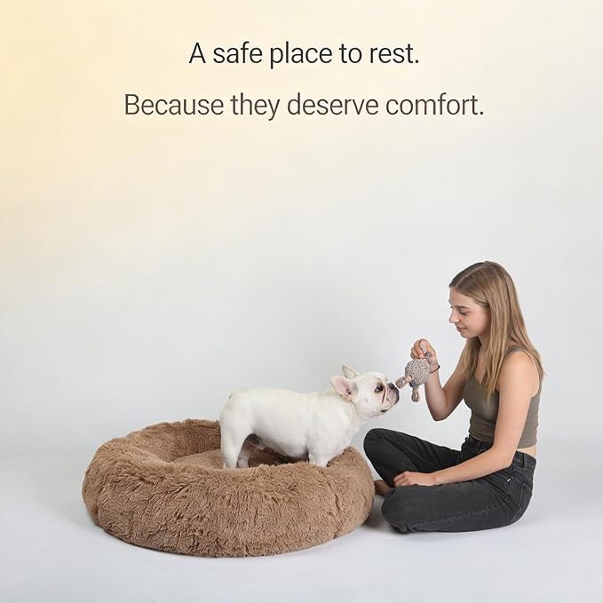 Calming Dog Bed for Medium Dogs Washable Donut 30 inches Anti-Slip Pet Bed,Round Fluffy Plush Faux Fur Cat Bed,Fits up to 45 lbs Pets,Camel