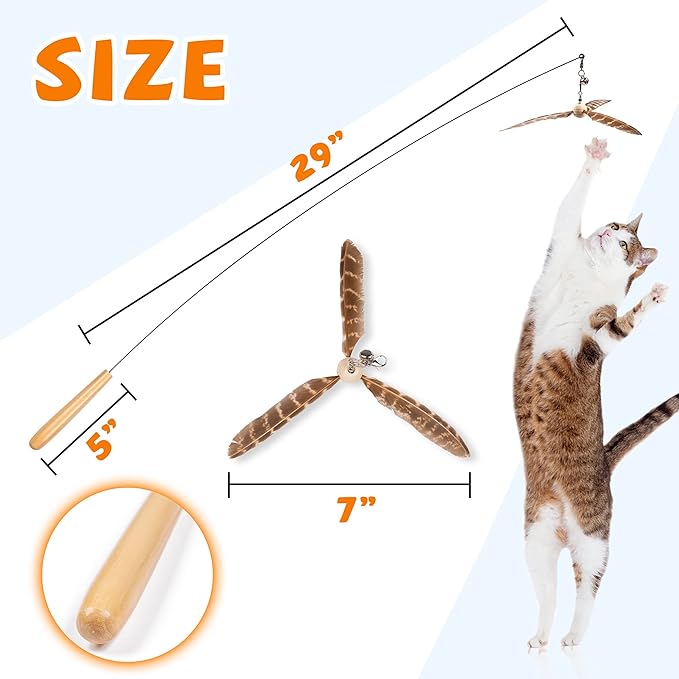 JXFUKAL Cat Wand Toys, Interactive Cat Toys with 3 Feather Refills, 29'' Flexible Steel Wire, Sturdy Wood Handle & Bell for Kitty Kitten, Cat Toys for Indoor Cats Teaser Cat String Toy - Image 4
