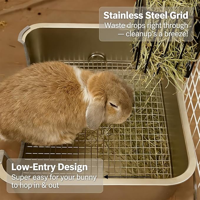 Stainless Steel Rabbit Litter Box – Large Bunny Litter Box with Grate, No Odor, Easy Clean Metal Rabbit Toilet for Indoor Cage