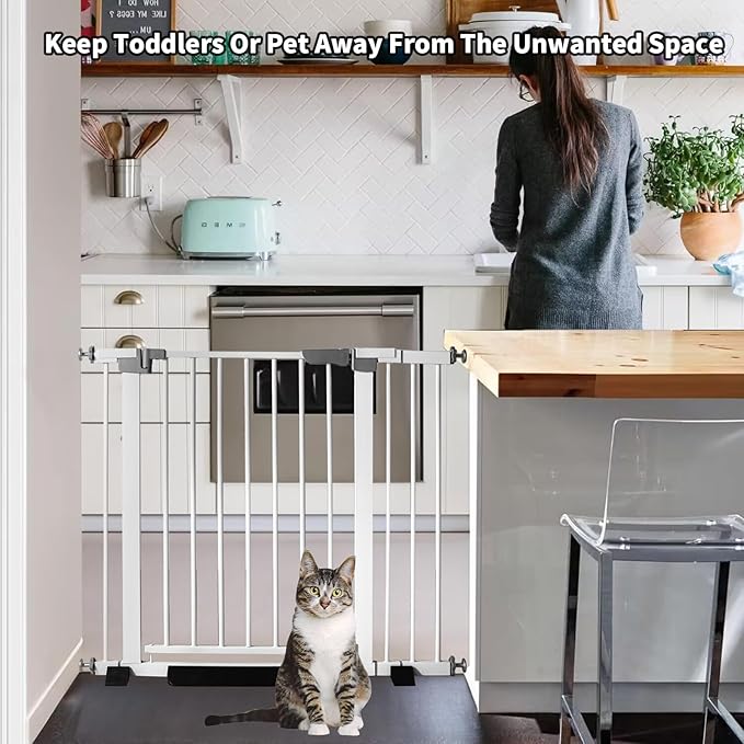 SHYUJAJIE 30 Inch Tall Cat & Dog Gate, Auto Close, Pressure Mounted, White, Alloy Steel, 29.92"-35.43" Wide, Baby & Pet Safety Gate