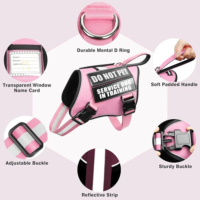 Service Dog Harness and Leash Set, Training Dog Vest with 10 Dog Patches, Emotional Support Therapy Dog Vest Harness for Small Medium Large and Extra Large Dogs(Pink, XL)