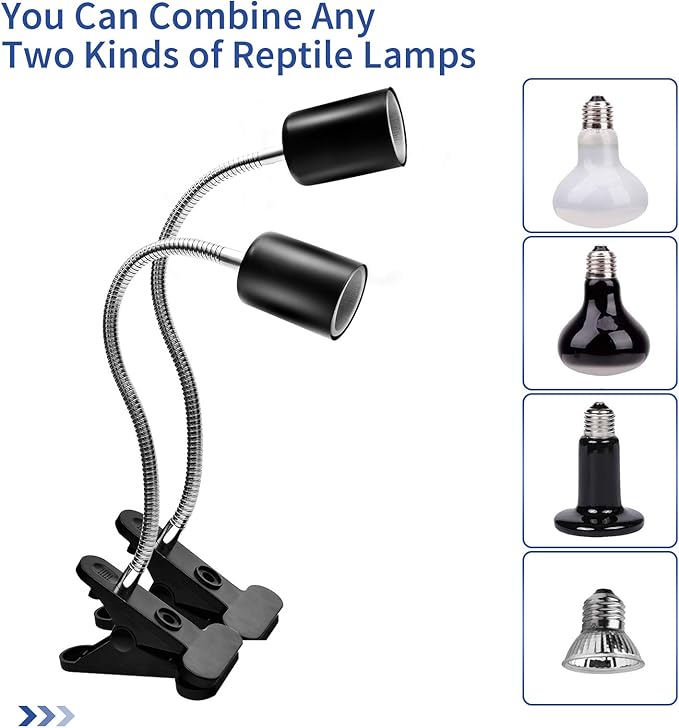 Techsea 2 Pack Reptile Heat Lamps with 360° Rotatable Clips, UVA + UVB Spectrum for Terrariums, 2 Light Bulbs Inside (Black-2 Pack)