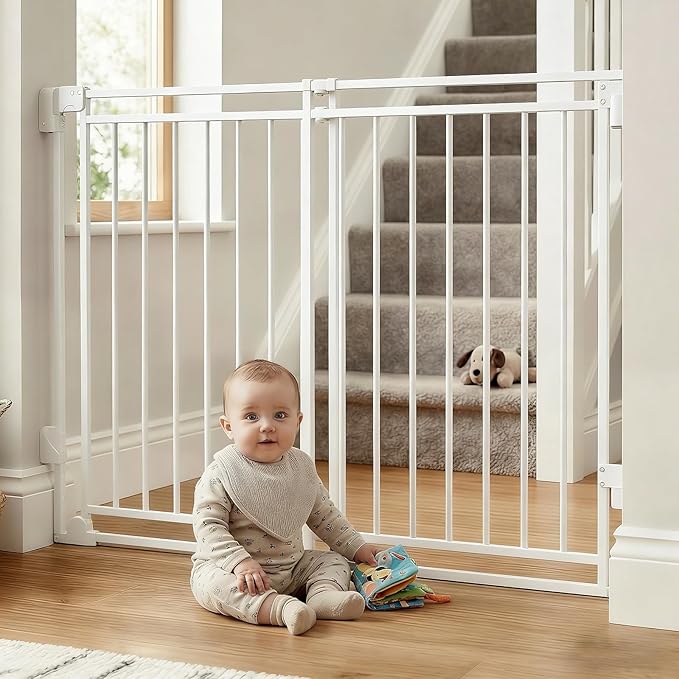 Extra Tall Baby Gate for Stairs Doorways & Kitchen, 26.4"-43" W x 39" H, No Bottom Bar Dog Gate, One-Handed Auto-Close, Hardware Mount Safety Gate for Dogs & Toddlers, White