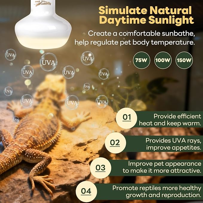 Reptile Heat Lamp, 2 Pack 150W Simulated Natural Sunlight Heat Lamp Bulbs Reptile Warm Light Lamp UVA Daylight Basking Light for Bearded Dragon Chameleon Turtle Snake Leopard Gecko Chicken, White