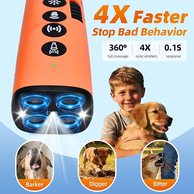 4X Ultrasonic Dog Bark Deterrent Device, 2026 Newest Stop Neighbors Dog Barking, 4 Nozzles Up 100% Efficiency, 3 Modes Humane Training Tool with Flashlight , Safe for Pet Indoor Outdoor（Orange）