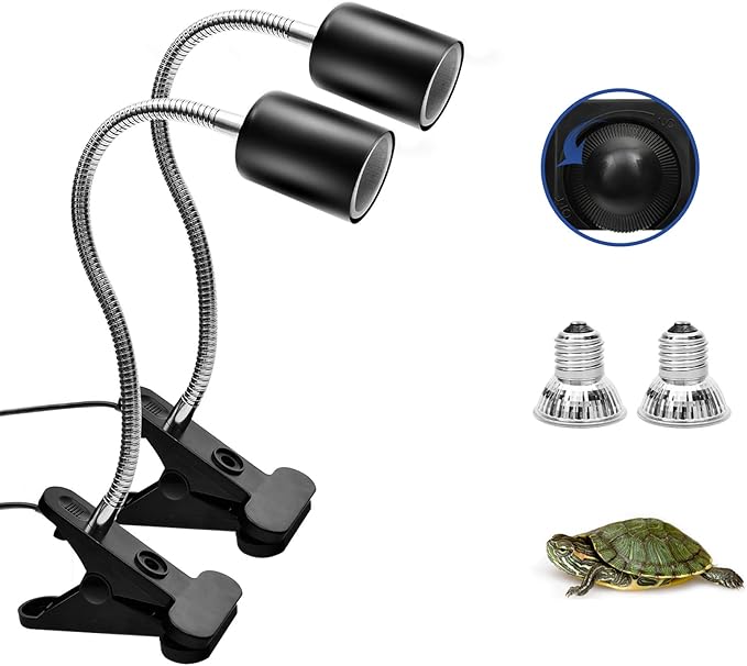 Techsea 2 Pack Reptile Heat Lamps with 360° Rotatable Clips, UVA + UVB Spectrum for Terrariums, 2 Light Bulbs Inside (Black-2 Pack)