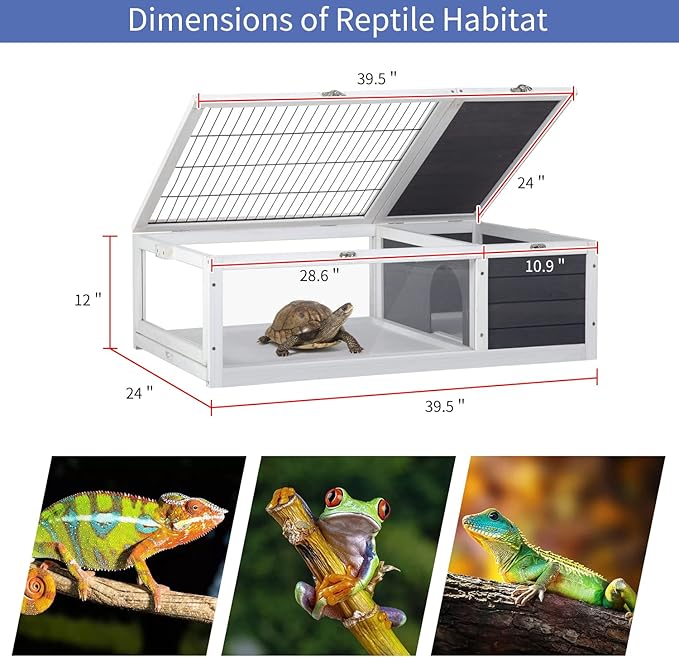 Tortoise Habitat, Large Wooden Box Turtle Enclosure with Removable Tray, Indoor Outdoor Tortoise House Reptile Cage for Small Animals,Easy to Assemble