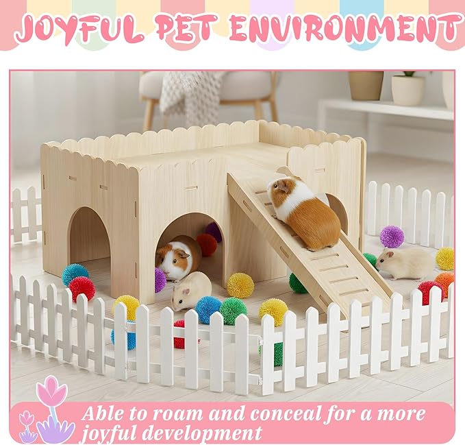 1 Set Guinea Pig Hideout, Upgraded Wooden Guinea Pigs Castle with Stairs 14.96*9.84 Inches Detachable Guineas Pig House with Stair Large Guineas Piggy Castle for Hamsters and Chinchilla Small Animals