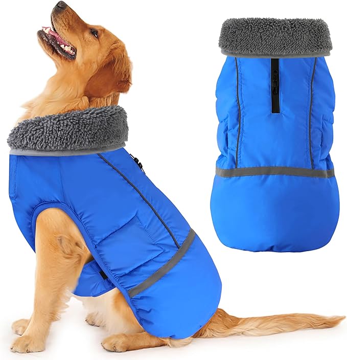 Dogcheer Warm Dog Coat, Waterproof Dog Jacket Christmas Puppy Winter Coat with Buckle, Reflective Adjustable Pet Snow Jacket Turtleneck Fleece Sweater for Small Medium Large Dogs - Blue, XL