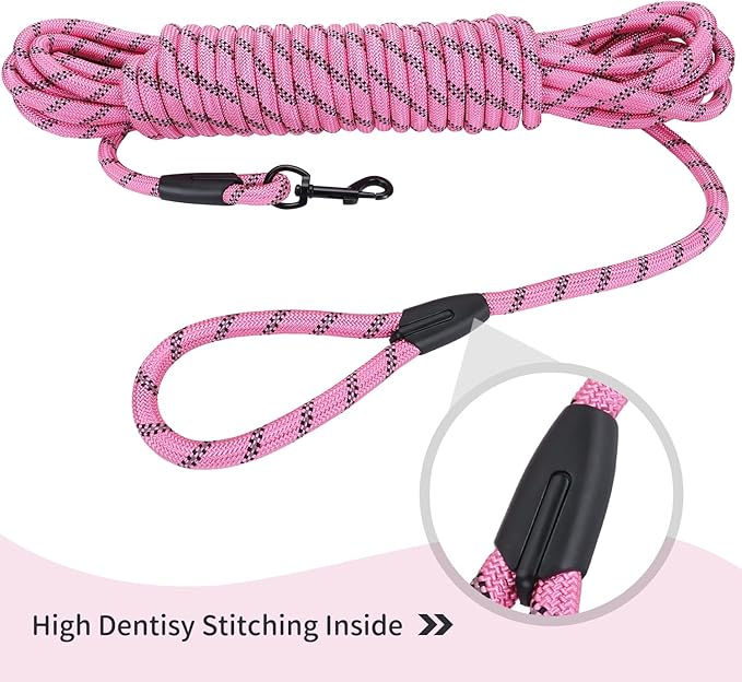 Long Dog Leash for Training 50Ft-Reflective Nylon Rope with Swivel Hook-Recall Agility Lead for Large Small Medium Dogs Outside Walking Hiking-Pink Diam 1/2"