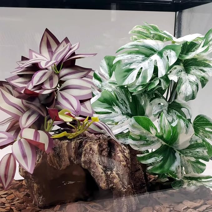 2Pack Reptile Fake Plants for Terrarium, Amphibian Habitat Decor Artificial Hanging Plants with Suction Cup, Artificial Leaves for Snake Tank Accessories.-Zebrina Purple
